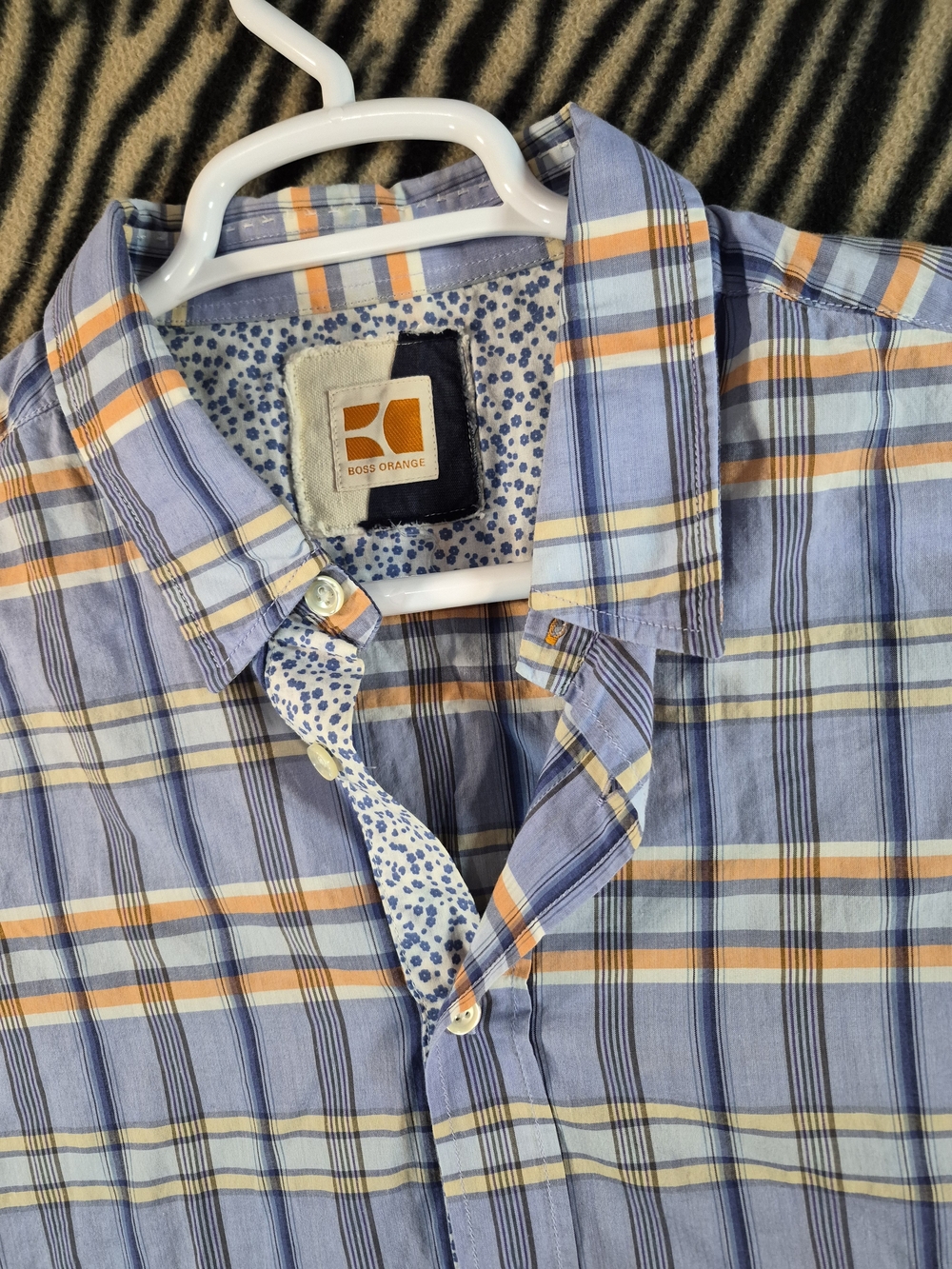BOSS Orange Men's Plaid Long Sleeve Button-Up Shirt with Floral Detail
